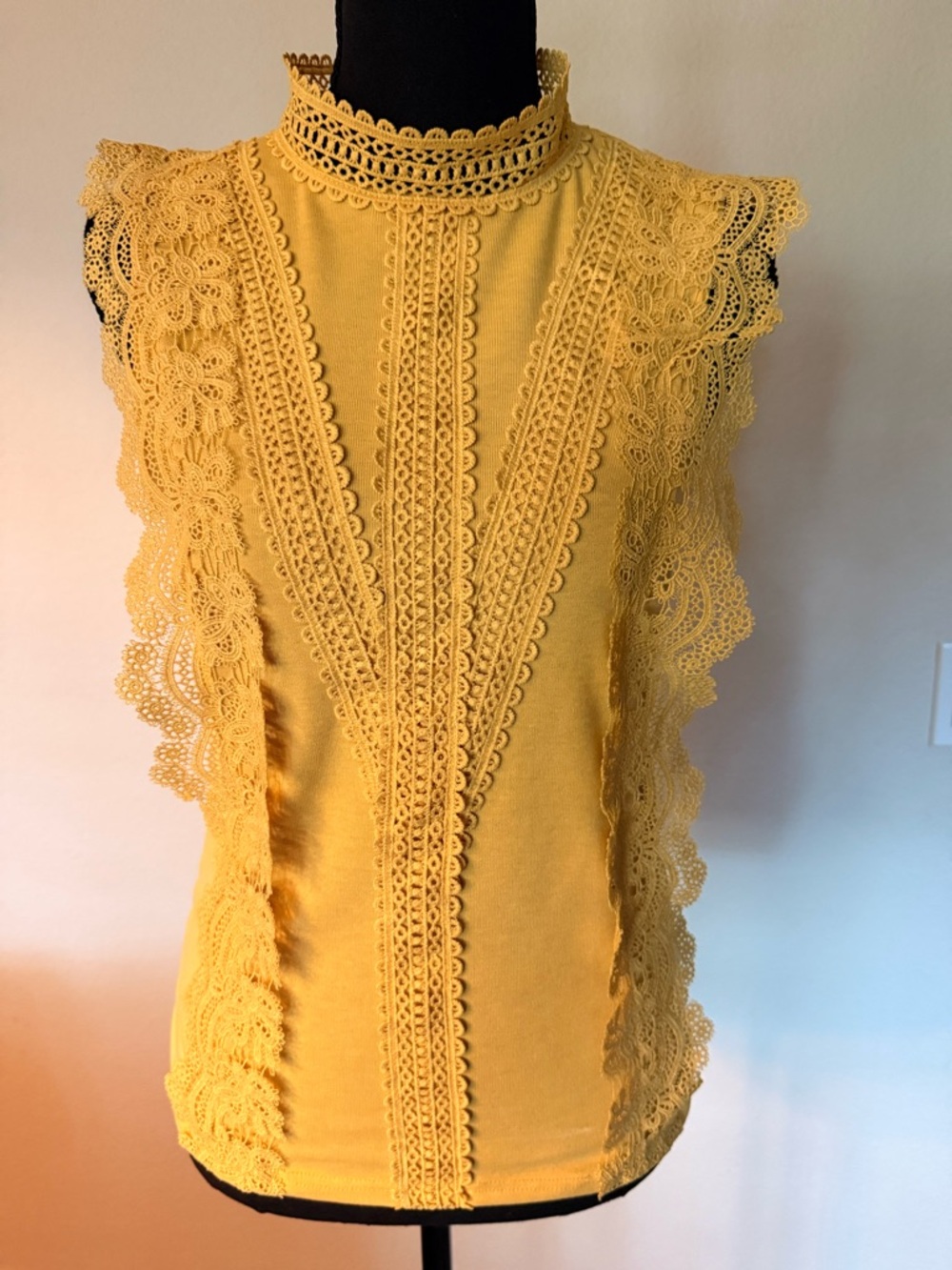 SHEIN Yellow Lace-Trim Mock Neck Sleeveless Top - Size M